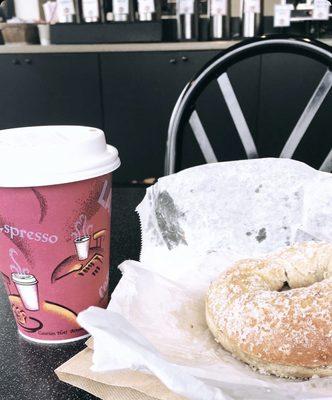 Cinnamon sugar bagel and a hot coffee