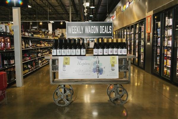 Our "Weekly Wagon" special cart, changes as we discover great deals on wines!