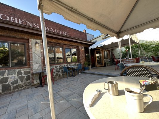 Patio seating on a sunny morning