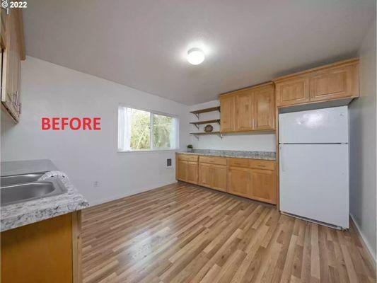 A 12-foot span between counters. Also, no countertop outlets!!! 4 floor-height outlets for the entire kitchen. It was a bedroom originally.