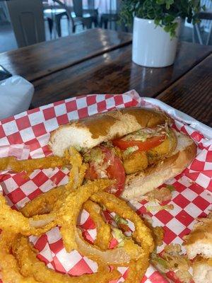 Shrimp poboy with onion rings