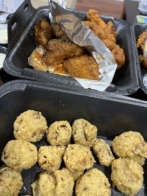 Fried mushrooms, hot lemon pepper wings, and medium buffalo wings.