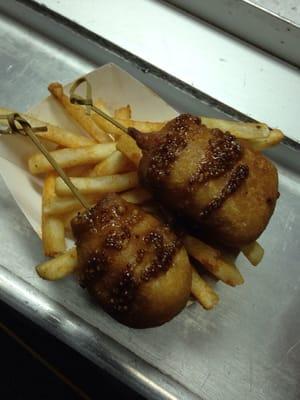 Pork belly corn dogs