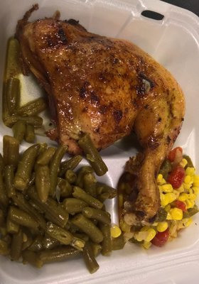 Really good Jamaican chicken with green beans and corn.