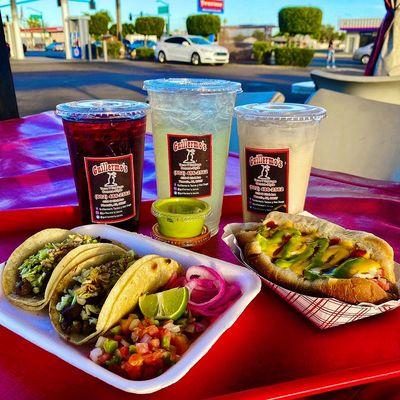 Carne asada tacos and sonora hotdogs.