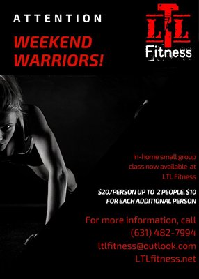 LTL Fitness now offers private group classes, fitness or self defense.

Grab your friends and family, and book your session today.