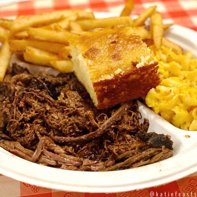 Beef brisket with cornbread, fries and mac & cheese