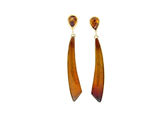 Brown Zircon Earrings set in Yellow Gold with Montana Agate Dangles.