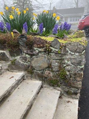 BEFORE--right of stairs, eroded wall, stones missing