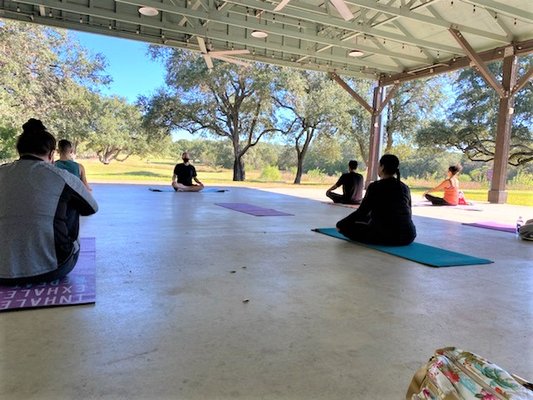 Yoga with a View at the beautiful Hyatt Hill Country Resort Luckenbach Pavilion.