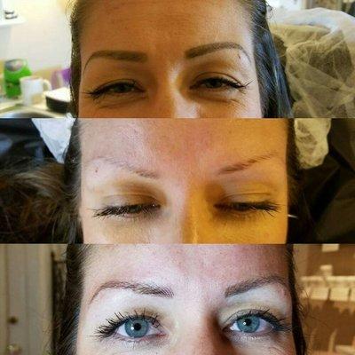 Top brow makeup, middle natural brows, bottom after microblading