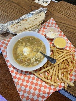 Green pork chili and rosemary fries!