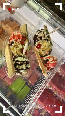 Banana splits came with wafers! One chocolate and one strawberry