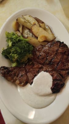 One of our more recent weekend specials.  Grilled rib eye with gorgonzola cream sauce, roasted potatoes, and broccoli.