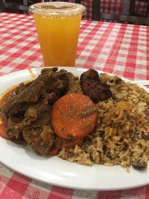 Beef stew over rice and beans with plantains and passion fruit drink