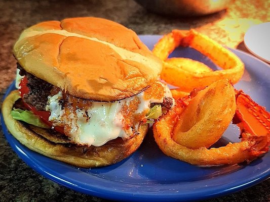 Fried mozzarella burger and onion rings