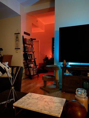 Hue lights set up, making good use of the angles and ceiling height.