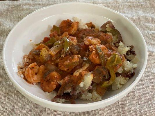 Shrimp Creole over rice and potatoes