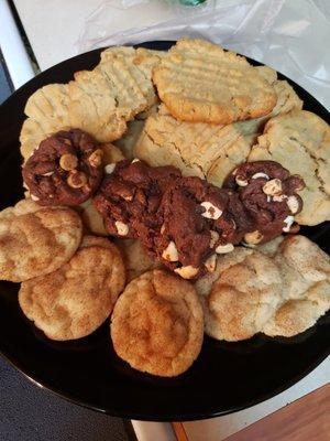 Snickerdoodles, chocolate chocolate chip, peanut butter