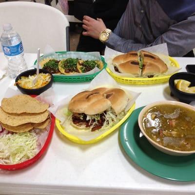 Pozole verde, torta de al pastor, steak torta and steak tacos