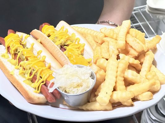 Hotdogs, french fries and cole slaw.