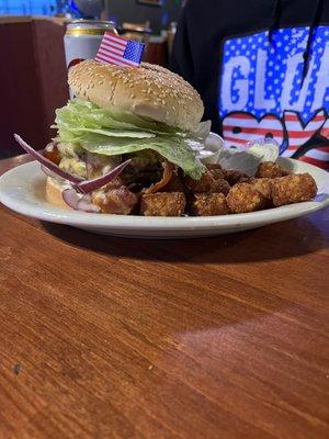 Burger! Steak! Burger w/ chicken on it.