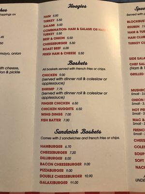 Menu with pricing as of 12/27/2021