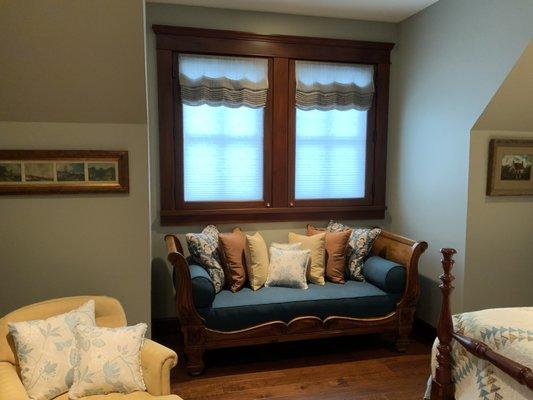 Upholstery of day bed, relaxed valances and pillows all fabricated at our in house workroom.