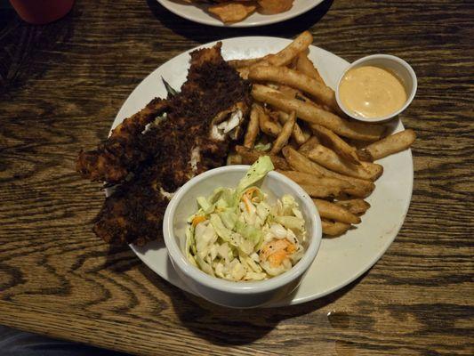 Coconut breaded Haddock with fries and slaw