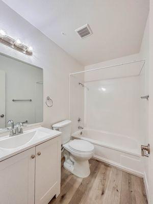 Updated bath with new vanity and sink, and wood plank flooring