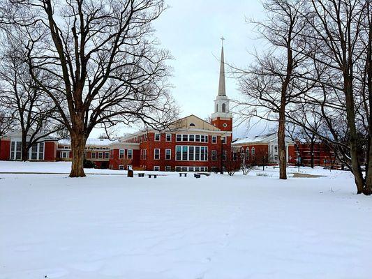 Western Theological Seminary sits peacefully in the winter snow.