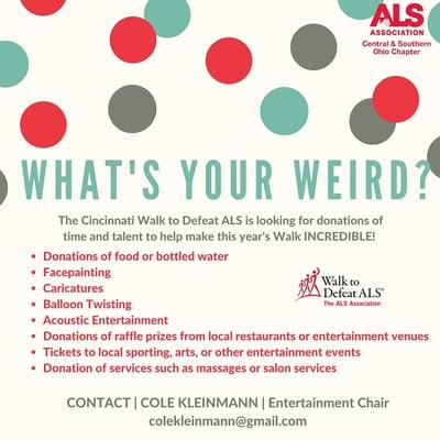 3 minutes ago Big Happy Weird Love Energy UR WAY! Speaking of WEIRD, whats URS?  SHARE ur WEIRD to help Kick ALS ASS Sept 18th!!