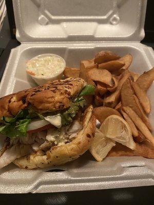 Charbroiled fish sandwich and steak fries to go