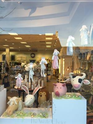 A new display window featuring our adorable lambs and bunny plush toys and whimsical farm yard animal heads. Children's farm buddies.