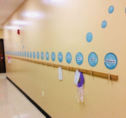 Children's Church hallway with artwork.