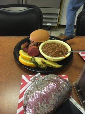 The pulled pork with side of fruit and beans. My friend loved the beans!