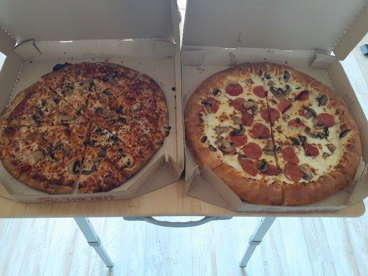 Medium thin crust pizza on the left. Large stuffed crust pizza on the right