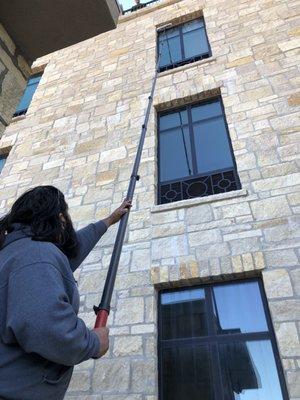 Window Cleaning with the use of a water fed poll. We clean all through out the midwest