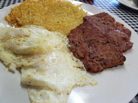 Hash browns,  eggs over medium & homemade spam.