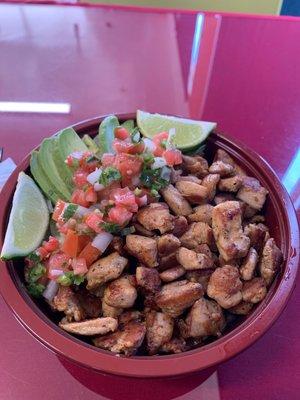 Chicken Bowl; with rice, black beans, lettuce, pico, and avocado.