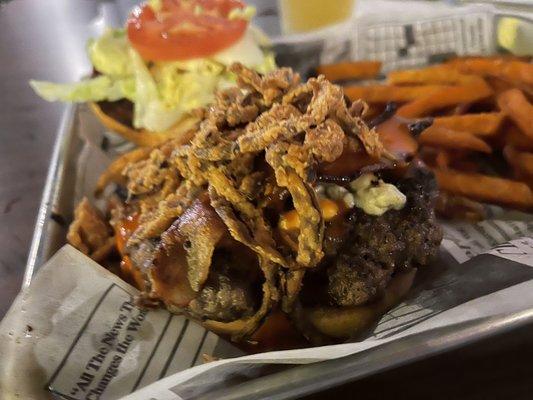 Buffalo blue cheese with the top open.  There is a lot going on here.  The onion fried up crisp.