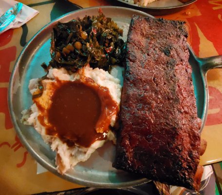 Ribs (fall off the bone), mashed potatoes with gravy and collard greens - very good