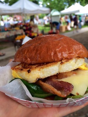 Pats pastured duck egg arugula bacon cheddar brioche sandwich!