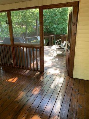 This deck Senior Hand, LLC power washed and stained