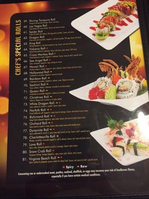 Their All-You-Can-Eat menu, page 4 (their specialty rolls)