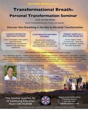 Upcoming Transformational Breath Personal Transformation Seminar Aug 30-Sept 4, 2017.  Discount before July 5, 2017!