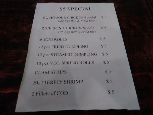 The $5 special menu.