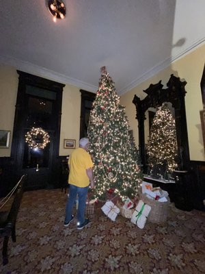 Husband getting a closer look at one of the decorated trees