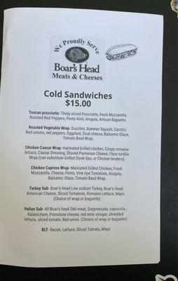 Menu - cold sandwiches