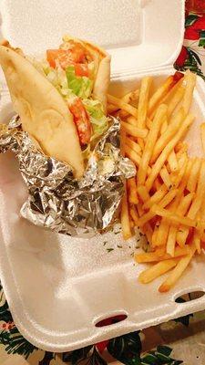 Buffalo chicken pita with fries $12